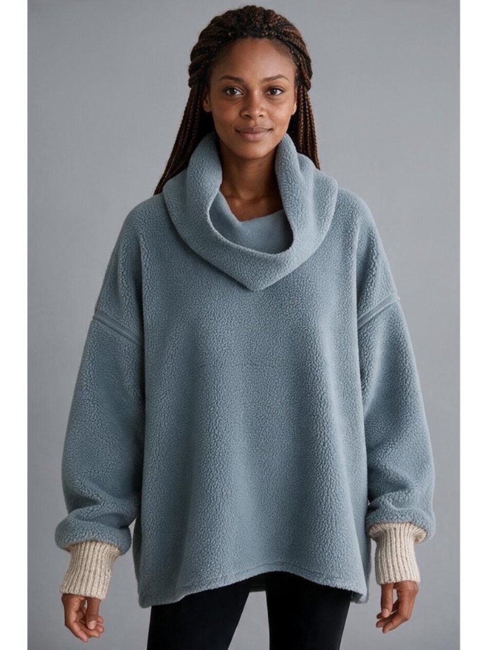 We The Free Blue Sherpa Fleece Oversized Cowl Neck Pullover Sweater S